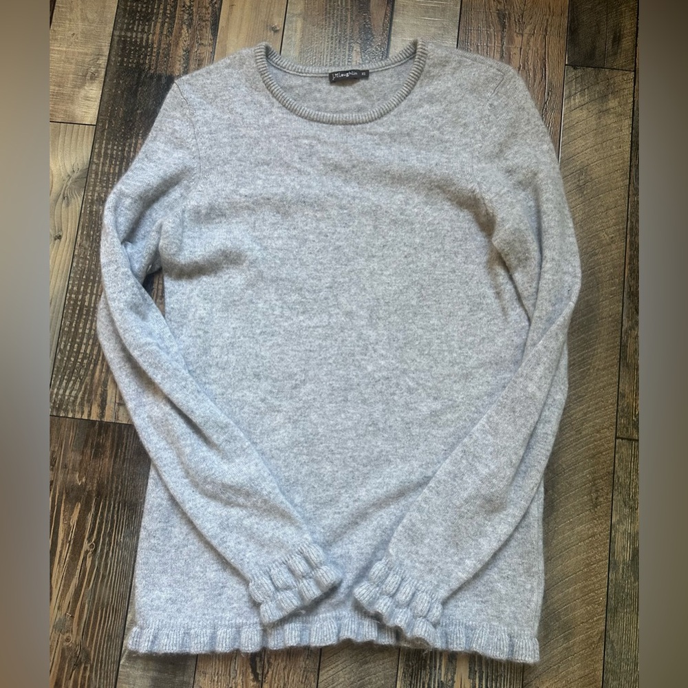 J. McLaughlin Sweater Heathered Gray 100% Cashmere Crew Neck Ruffle Deta…